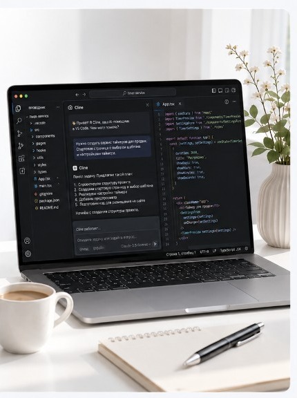 Ноутбук с VS Code и расширением Cline на рабочем столе